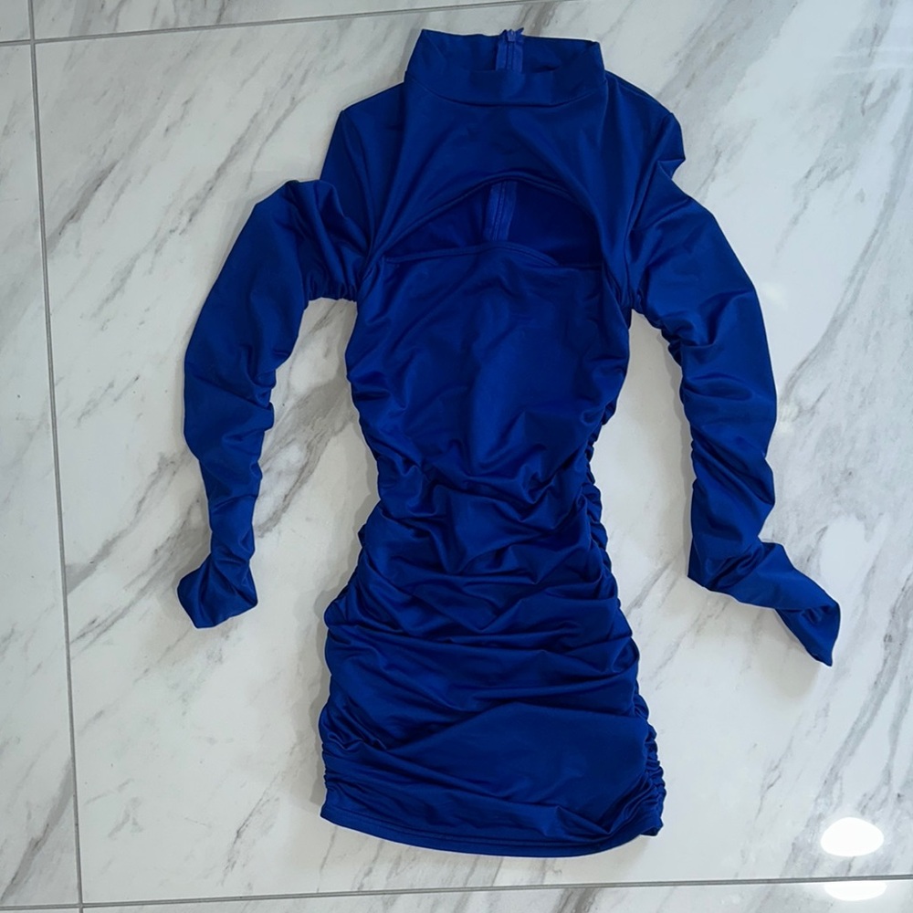 Blue Ruched Bodycon Mini Dress with Bishop Sleeves